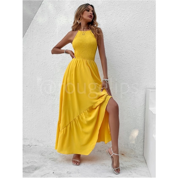 Shirred Cami Yellow Flared Maxi Long Dress Asymmetrical Hem - Picture 6 of 14